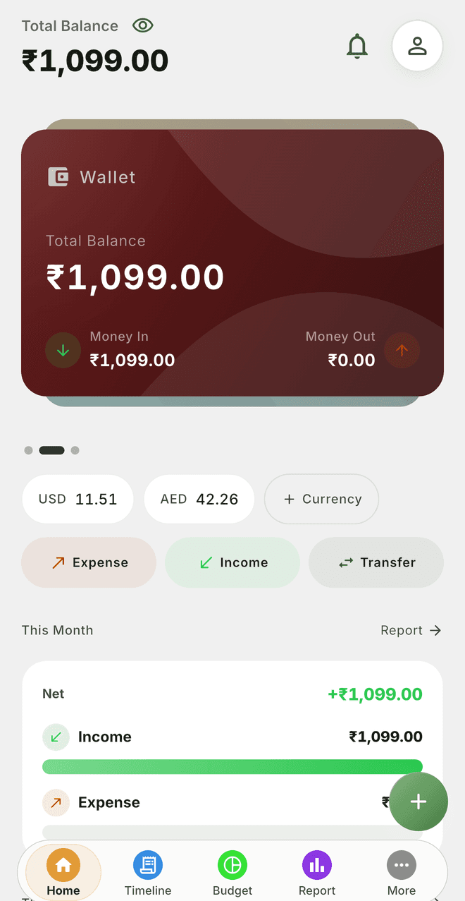 Caps home screen showing a total balance across wallets, with this month’s income and expenses